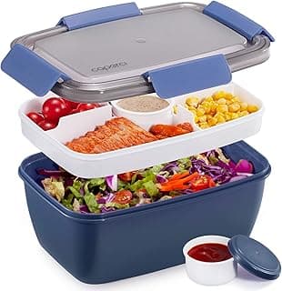Caperci Large Salad Container Bowl for Lunch - Better Adult Bento Lunch Box 68 oz, 5-Compartment Tray, 2pcs 3-oz Sauce Cups, Stackable, BPA...