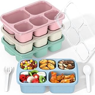 Bento Box Adult Lunch Box - 4 Pack, 5 - Compartment Meal Prep Container for Kids, Reusable Food Storage Snack Containers - Stackable for Sc...