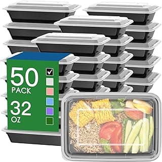 50 Pack (100-Piece) 32 oz Meal Prep Containers Reusable with Easy Open Lids, Sturdy Leakproof Food Safe, Microwave Freezer Dishwasher Safe,...