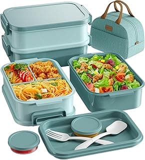 KEMETHY Adults Bento Lunch Box Set with Thermo Bag, 74oz Stackable Leak-proof 3-tiers Bento Box, Built-in Utensil and Sauce Container for W...