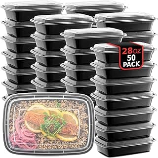 50-Pack Reusable Meal Prep Containers Microwave Safe Food Storage Containers with Lids, 28 oz - 1 Compartment Take Out Disposable Plastic B...