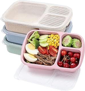buluker 4 Pack Bento Lunch Box Set 3 Compartment Food Storage Containers Wheat Straw Meal Prep Lunch Box Plastic Food Storage Containers, M...