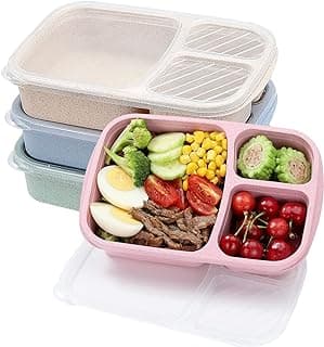 buluker 4 Pack Bento Lunch Box Set 3 Compartment Food Storage Containers Wheat Straw Meal Prep Lunch Box Plastic Food Storage Containers, M...