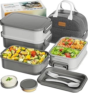 Adults Bento Box with Insulated Lunch Bag, 74oz Capacity 3 Stackable Leak-Proof Bento Box Built-In Utensil and Sauce, PFAS & BPA-Free, Micr...